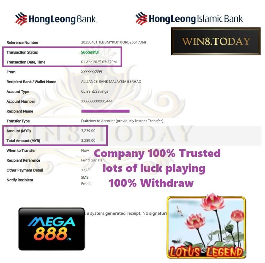 Bank transfer slip showing MYR3,239 credited to my account